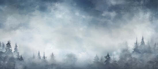 In this abstract art piece, the background is a textured sky, capturing the beauty of winter landscape with snow-covered trees and white clouds surrounded by a serene forest, creating a unique concept