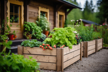 A modern vegetable garden with raised wooden beds . Raised beds gardening in garden - obrazy, fototapety, plakaty