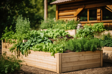 Fototapeta na wymiar Raised garden beds full of flourishing organic vegetables and aromatic spices. Modern permaculture raised-bed gardening for beautiful backyard space and growing healthy veggies and aromatic spices