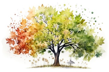  a watercolor painting of a tree with a birdhouse in the middle of it and a rainbow of leaves.