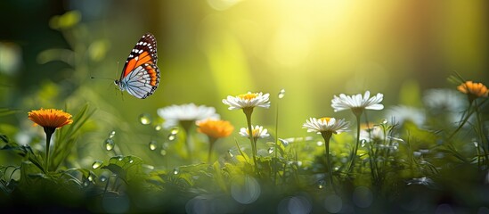 In the background of a sunny summer day, a flower bloomed in the midst of nature, attracting a delicate butterfly with its vibrant orange color, showcasing the beauty of the green surroundings and - Powered by Adobe