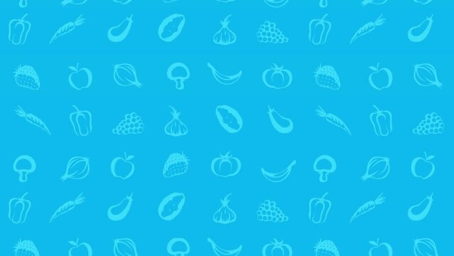 Moving Fruit and Vegetables Icons, Animated Blue Background