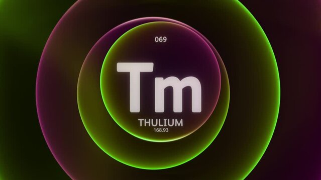 Thulium as Element 69 of the Periodic Table. Concept animation on abstract green purple gradient rings seamless loop background. Title design for science content and infographic showcase backdrop.