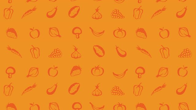 Moving Fruit and Vegetables Icons, Animated Orange Background