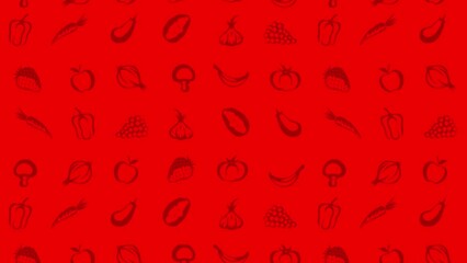 Moving Fruit and Vegetables Icons, Animated Red Background