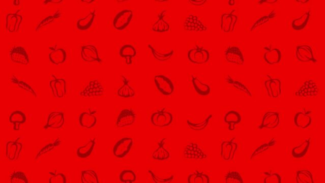 Moving Fruit and Vegetables Icons, Animated Red Background