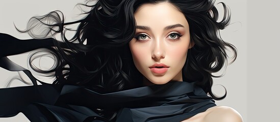 The woman in the fashion illustration is a striking girl with flowing black hair, a flawless white face, and impeccable makeup — her portrait is a perfect depiction of health, beauty, and styl