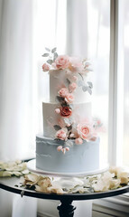 Up close photo of the wedding cake with flowers. High quality