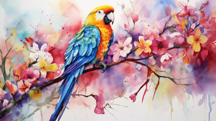 Obraz premium Blue and yellow Macaw on cherry branch