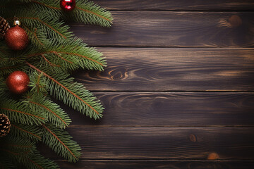 Festive Christmas Background: Fir Tree and Decorations on Dark Wooden Board Created with generative AI tools