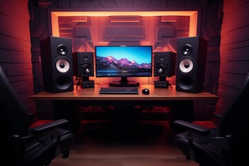 Soundproof studio setup with desktop computer display monitor, speakers and ambient LED lighting - AI generative