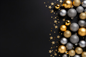 Festive Christmas Decor: Beautiful Golden and Silver Baubles on Dark Black Background Created with generative AI tools