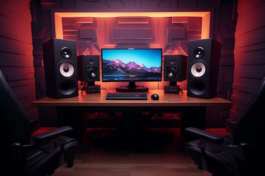 Soundproof studio setup with desktop computer display monitor, speakers and ambient LED lighting - AI generative