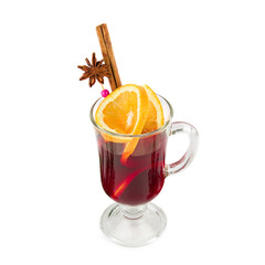 Mulled wine and spices isolated on white.