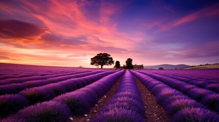 Lavender field and tree silhouette at sunset