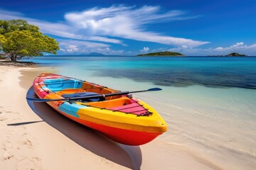 Fototapeta na wymiar Beautiful paradise beach and sea with kayak boat. Holiday vacation concept