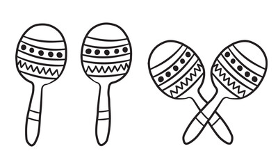  Drawing of outline maraca rattles. Latin American musical instruments made with gourd and seeds. Vector illustration isolated on transparent background