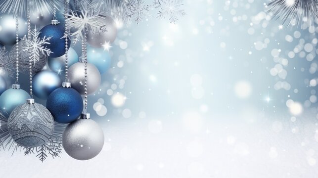 Christmas background with Christmas decorations. Blue balls and silver snowflakes