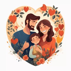 Cute families, parents with a child. Heart symbols as a symbol of love and family. Picturesque vector illustration, AI generator