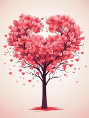 Vector illustration of love tree with heart shape in red and pink flowers on isolated background for Valentine's Day and other occasions, AI generator