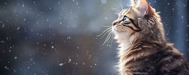 Photo of a fluffy wild cat outdoor in winter looking up at the falling snow. Cute cat under snowfall in warm colors. Banner for card, poster, print with copy space for text. - obrazy, fototapety, plakaty