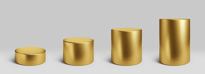 Gold cylinder set on a grey background. Cylinder podium, golden pedestal for display product. Clipping path included