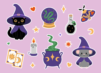 Cute magical set of stickers. Cat, mouse, cauldron, ball, potion, candle, cards and moth. Witchcraft and esoteric elements. Vector illustration