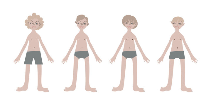 Four northern boys in swimsuits. Children. Kids. Diversity. Pale skin tone and blonde hair. Vector illustration in flat style