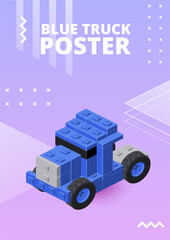 Poster with a blue truck in isometric style for printing and design. Vector illustration. - obrazy, fototapety, plakaty