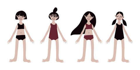 Four Asian girls in swimsuits. Children. Kids. Diversity.Diversity. Pale skin and dark hair. Vector illustration in flat style