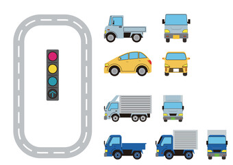 スーパーデフォルメした自動車乗り物のイラストセット乗用車、トラック、軽トラック
