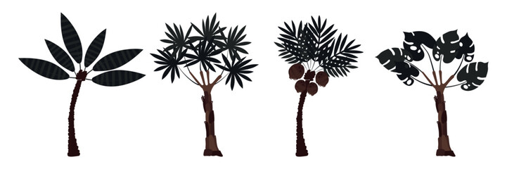 Set of palm trees: coconut and banana. Large carved leaves and dark trunks. Plants. Vector illustration. - obrazy, fototapety, plakaty