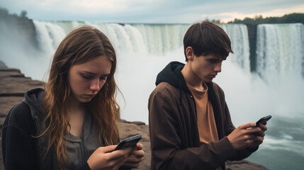 Disinterested kids on their cellphones in front of Niagra Falls - obrazy, fototapety, plakaty