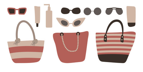 Set of beach items: large flat beach bags with rope handles, sunglasses, sunscreen. Vector illustration in pastel colors.