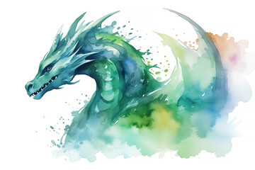 Green dragon, beautiful watercolor illustration isolated on white background