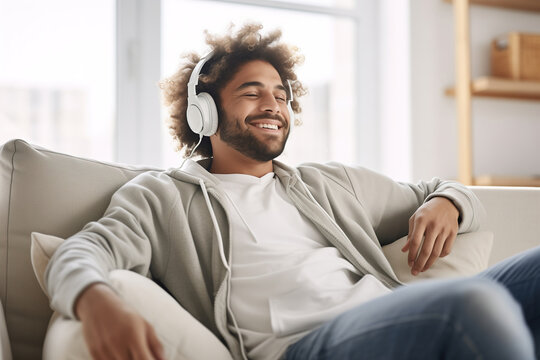 Joyful man on a sofa at the window, listening music with a headphones.