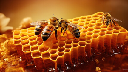 Honeybees on honeycomb, glistening honey, epitome of teamwork and natural sweetness