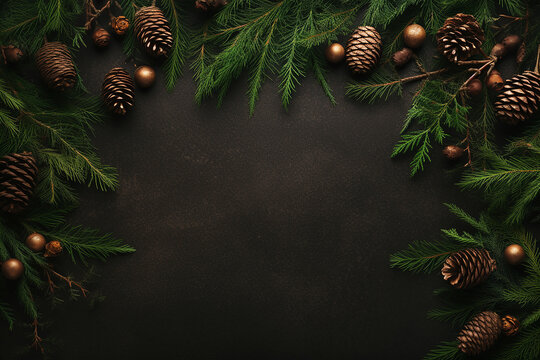 Overhead View of Spruce and Thuja Branches with Cones: Festive Christmas Background Created with generative AI tools