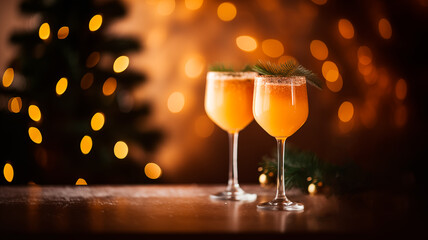 Bellini champagne cocktail in crystal glass. Christmas wooden table of free space for your decoration on a dark background. New Year time, Christmas Eve. Generative AI - obrazy, fototapety, plakaty