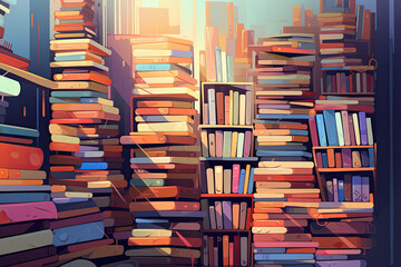 Abstract illustration of a bookcase full of books.