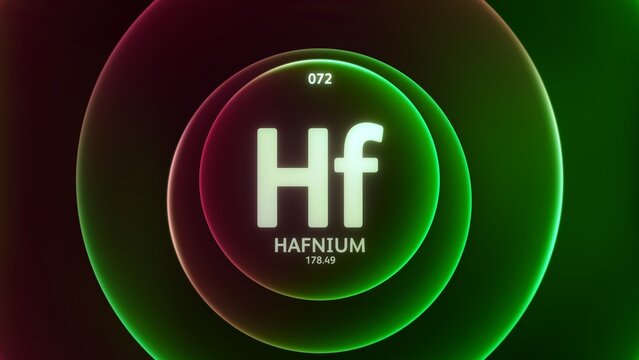 Hafnium as Element 72 of the Periodic Table. Concept illustration on abstract green red gradient rings seamless loop background. Title design for science content and infographic showcase display.