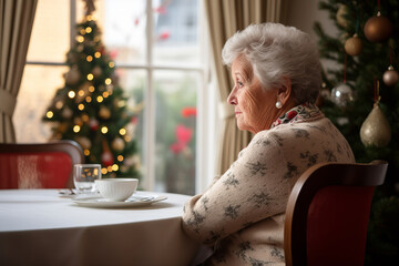 A lonely senior person sitting by themselves at christmas time - obrazy, fototapety, plakaty