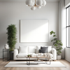 Stylish living room interior of modern apartment with white sofa, potted plants and mockup of blank white canvas picture poster frame on the wall. Modern home interior design decor