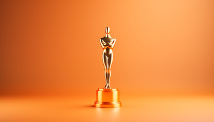 An award statue in gold. Minimalistic wallpaper. Concept of success in entertainment and business.  - obrazy, fototapety, plakaty
