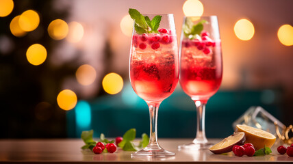 Homemade two glasses of boozy refreshing Christmas cranberry punch with champagne on blurred lights background. Generative AI Illustration