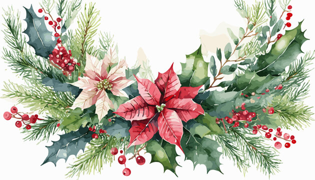 Watercolor Christmas greenery frame illustration. Hand painted poinsettia flowers, pine tree branches, holly, red berries. Vector arrangement for wedding, stationery, invitations, holiday card