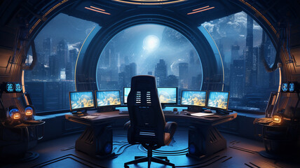 futuristic spaceship in dark interior with blue computer and space ship - obrazy, fototapety, plakaty