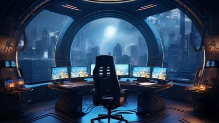 Foto op Canvas futuristic spaceship in dark interior with blue computer and space ship © Daniel