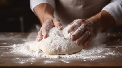 man kneads dough in the kitchen