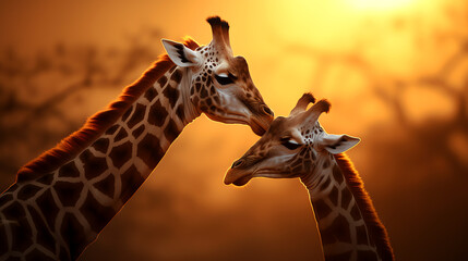 giraffes in the wild sunset - obrazy, fototapety, plakaty